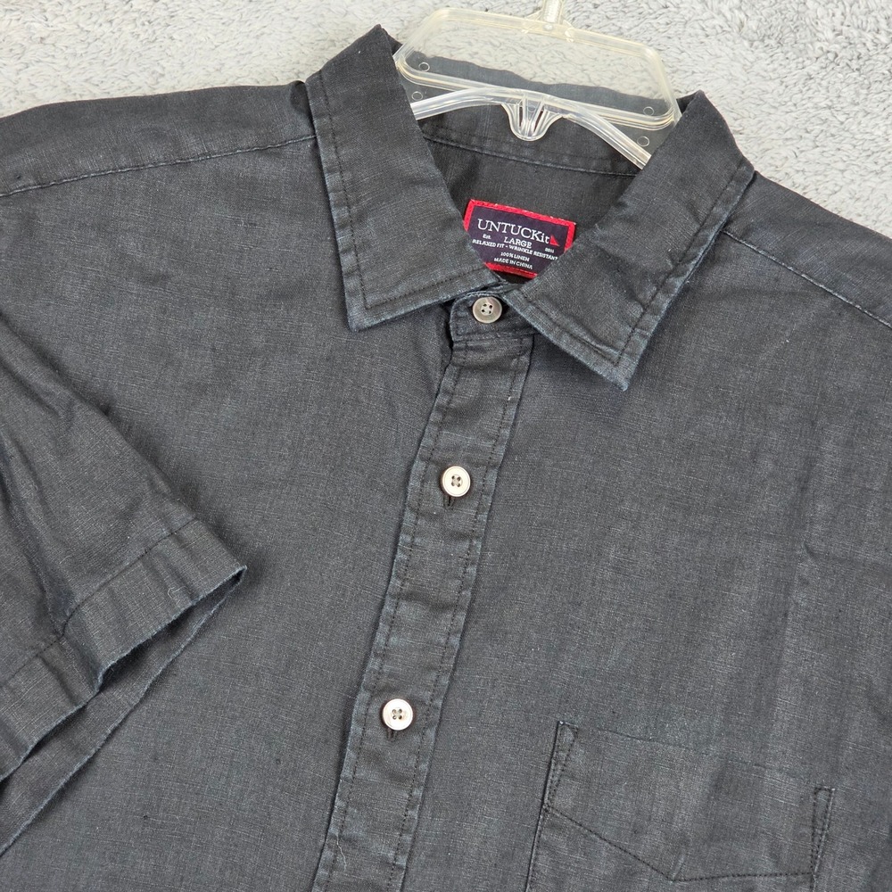 UNTUCKit Shirt Mens Large Black Short Sleeve 100% Linen Relaxed Fit Wrinkle Res